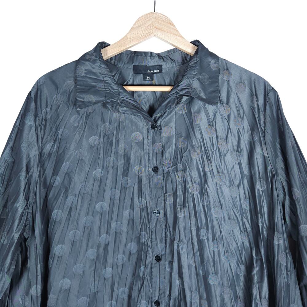 Sun Kim Tunic Jacket Medium Gray Pleated Polka Dot Button Down Artsy Boho Chic - Picture 4 of 13